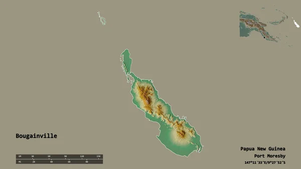 巴布亚新几内亚自治区布干维尔的形状 其首都在坚实的背景下与世隔绝 距离尺度 区域预览和标签 地形浮雕图 3D渲染 — 图库照片