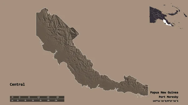 巴布亚新几内亚中部形状 首都孤立 背景坚实 距离尺度 区域预览和标签 彩色高程图 3D渲染 — 图库照片