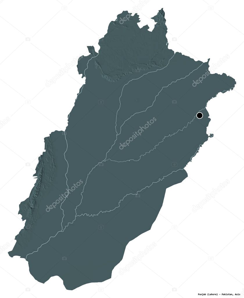Shape of Punjab, province of Pakistan, with its capital isolated on white background. Colored elevation map. 3D rendering