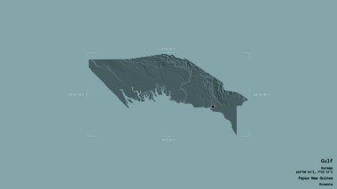 Körfez Bölgesi, Papua Yeni Gine eyaleti, Gürcistan sınırında katı bir arka planda izole edilmiş. Etiketler. Renkli yükseklik haritası. 3B görüntüleme