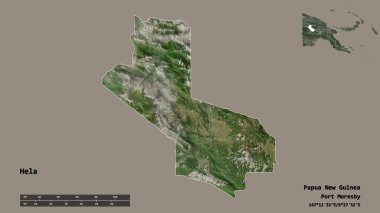 Başkenti sağlam bir zemin üzerinde izole edilmiş olan Papua Yeni Gine ili 'nin Hela şekli. Uzaklık ölçeği, bölge önizlemesi ve etiketleri. Uydu görüntüleri. 3B görüntüleme