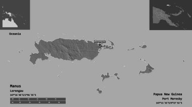 Manus 'un şekli, Papua Yeni Gine eyaleti ve başkenti. Uzaklık ölçeği, ön gösterimler ve etiketler. Çift seviyeli yükseklik haritası. 3B görüntüleme