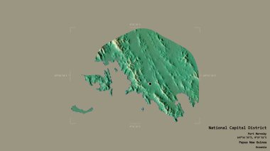 Ulusal Başkent Bölgesi, Papua Yeni Gine Bölgesi, Gürcistan sınırında sağlam bir arka planda izole edilmiş. Etiketler. Topografik yardım haritası. 3B görüntüleme