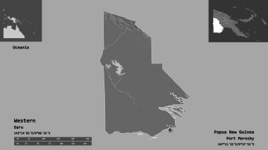 Batı 'nın şekli, Papua Yeni Gine ili ve başkenti. Uzaklık ölçeği, ön gösterimler ve etiketler. Çift seviyeli yükseklik haritası. 3B görüntüleme