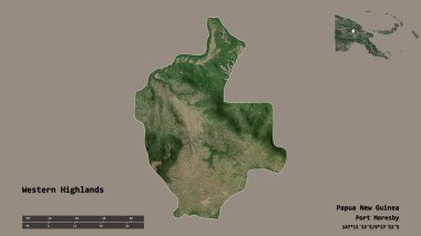 Batı İskoçya 'nın şekli, Papua Yeni Gine eyaleti, başkenti sağlam bir zemin üzerinde izole edilmiş. Uzaklık ölçeği, bölge önizlemesi ve etiketleri. Uydu görüntüleri. 3B görüntüleme