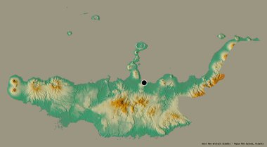 Batı Yeni Britanya 'nın şekli, Papua Yeni Gine eyaleti, başkenti katı bir renk arkaplanı ile izole edilmiştir. Topografik yardım haritası. 3B görüntüleme