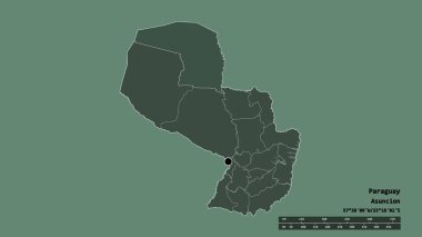 Başkenti, ana bölgesel bölümü ve ayrılmış Alto Paraguay bölgesi ile Paraguay 'ın dejenere edilmiş şekli. Etiketler. Renkli yükseklik haritası. 3B görüntüleme