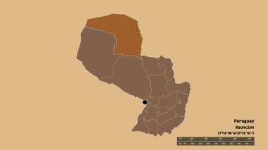 Başkenti, ana bölgesel bölümü ve ayrılmış Alto Paraguay bölgesi ile Paraguay 'ın dejenere edilmiş şekli. Etiketler. Düzenli desenli dokuların bileşimi. 3B görüntüleme