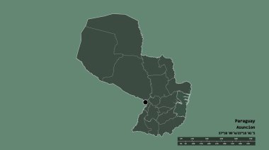 Başkenti, ana bölgesel bölümü ve ayrılmış Alto Parana bölgesi ile Paraguay 'ın dejenere edilmiş şekli. Etiketler. Renkli yükseklik haritası. 3B görüntüleme