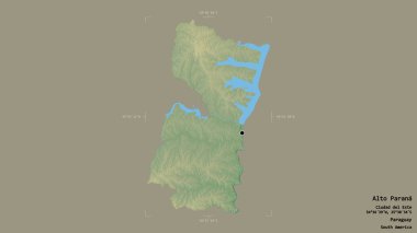 Paraguay Bölgesi, Alto Parana Bölgesi, katı bir arka planda izole edilmiş bir sınır kutusunda. Etiketler. Topografik yardım haritası. 3B görüntüleme