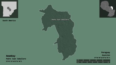 Amambay 'ın şekli, Paraguay Bölümü ve başkenti. Uzaklık ölçeği, ön gösterimler ve etiketler. Renkli yükseklik haritası. 3B görüntüleme