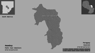 Amambay 'ın şekli, Paraguay Bölümü ve başkenti. Uzaklık ölçeği, ön gösterimler ve etiketler. Çift seviyeli yükseklik haritası. 3B görüntüleme