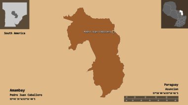 Amambay 'ın şekli, Paraguay Bölümü ve başkenti. Uzaklık ölçeği, ön gösterimler ve etiketler. Düzenli desenli dokuların bileşimi. 3B görüntüleme