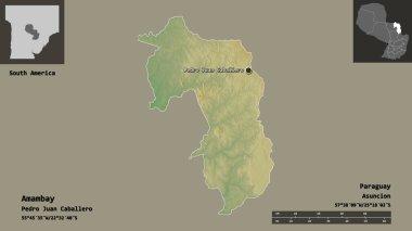 Amambay 'ın şekli, Paraguay Bölümü ve başkenti. Uzaklık ölçeği, ön gösterimler ve etiketler. Topografik yardım haritası. 3B görüntüleme