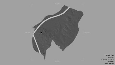 Asuncion bölgesi, Paraguay 'ın başkenti, Gürcistan sınırında sağlam bir arka planda izole edilmiş. Etiketler. Çift seviyeli yükseklik haritası. 3B görüntüleme