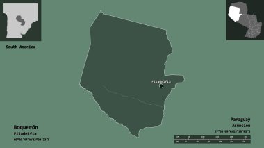 Boqueron 'un şekli, Paraguay Bölümü ve başkenti. Uzaklık ölçeği, ön gösterimler ve etiketler. Renkli yükseklik haritası. 3B görüntüleme