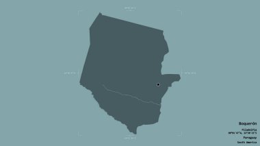 Boqueron bölgesi, Paraguay departmanı, jeoreferated sınır kutusunda sağlam bir arka planda izole edilmiş. Etiketler. Renkli yükseklik haritası. 3B görüntüleme