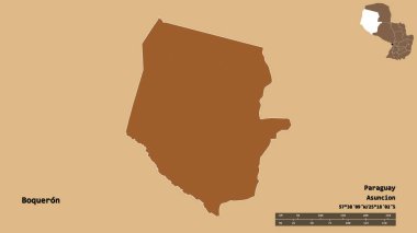 Boqueron 'un şekli, Paraguay departmanı, sermayesi sağlam arka planda izole edilmiş. Uzaklık ölçeği, bölge önizlemesi ve etiketleri. Düzenli desenli dokuların bileşimi. 3B görüntüleme