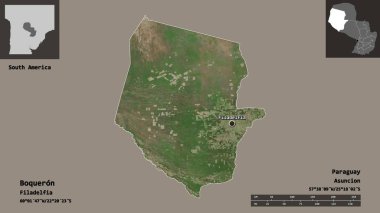 Boqueron 'un şekli, Paraguay Bölümü ve başkenti. Uzaklık ölçeği, ön gösterimler ve etiketler. Uydu görüntüleri. 3B görüntüleme