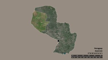 Başkenti, ana bölgesel bölümü ve ayrılmış Boqueron bölgesiyle Paraguay 'ın dejenere edilmiş şekli. Etiketler. Uydu görüntüleri. 3B görüntüleme