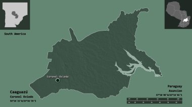 Caaguazu 'nun şekli, Paraguay Bölümü ve başkenti. Uzaklık ölçeği, ön gösterimler ve etiketler. Renkli yükseklik haritası. 3B görüntüleme
