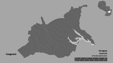 Caaguazu 'nun şekli, Paraguay departmanı, sermayesi sağlam arka planda izole edilmiş. Uzaklık ölçeği, bölge önizlemesi ve etiketleri. Çift seviyeli yükseklik haritası. 3B görüntüleme