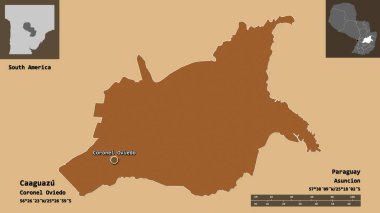 Caaguazu 'nun şekli, Paraguay Bölümü ve başkenti. Uzaklık ölçeği, ön gösterimler ve etiketler. Düzenli desenli dokuların bileşimi. 3B görüntüleme
