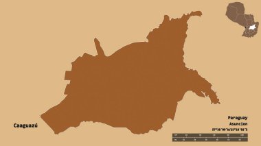 Caaguazu 'nun şekli, Paraguay departmanı, sermayesi sağlam arka planda izole edilmiş. Uzaklık ölçeği, bölge önizlemesi ve etiketleri. Düzenli desenli dokuların bileşimi. 3B görüntüleme