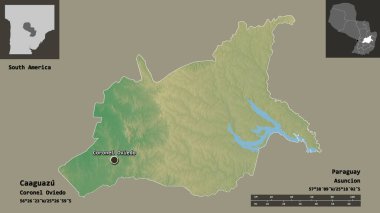 Caaguazu 'nun şekli, Paraguay Bölümü ve başkenti. Uzaklık ölçeği, ön gösterimler ve etiketler. Topografik yardım haritası. 3B görüntüleme