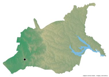 Caaguazu 'nun şekli, Paraguay departmanı, başkenti beyaz arka planda izole edilmiş. Topografik yardım haritası. 3B görüntüleme