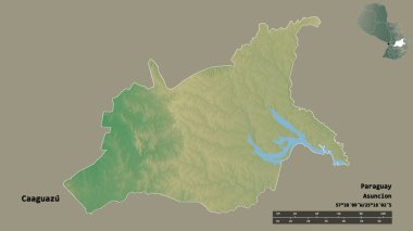 Caaguazu 'nun şekli, Paraguay departmanı, sermayesi sağlam arka planda izole edilmiş. Uzaklık ölçeği, bölge önizlemesi ve etiketleri. Topografik yardım haritası. 3B görüntüleme