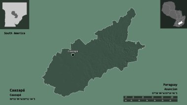 Caazapa 'nın şekli, Paraguay Bölümü ve başkenti. Uzaklık ölçeği, ön gösterimler ve etiketler. Renkli yükseklik haritası. 3B görüntüleme