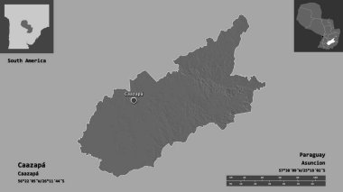 Caazapa 'nın şekli, Paraguay Bölümü ve başkenti. Uzaklık ölçeği, ön gösterimler ve etiketler. Çift seviyeli yükseklik haritası. 3B görüntüleme