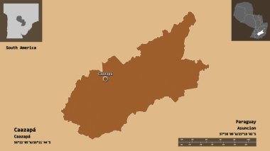Caazapa 'nın şekli, Paraguay Bölümü ve başkenti. Uzaklık ölçeği, ön gösterimler ve etiketler. Düzenli desenli dokuların bileşimi. 3B görüntüleme