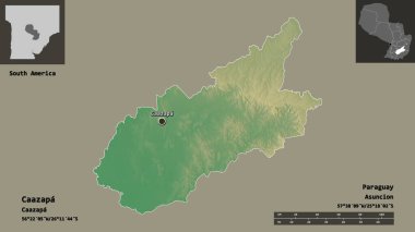 Caazapa 'nın şekli, Paraguay Bölümü ve başkenti. Uzaklık ölçeği, ön gösterimler ve etiketler. Topografik yardım haritası. 3B görüntüleme