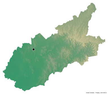 Caazapa 'nın şekli, Paraguay departmanı, başkenti beyaz arka planda izole edilmiş. Topografik yardım haritası. 3B görüntüleme