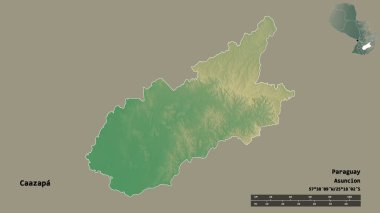 Caazapa 'nın şekli, Paraguay departmanı, sermayesi sağlam arka planda izole edilmiş. Uzaklık ölçeği, bölge önizlemesi ve etiketleri. Topografik yardım haritası. 3B görüntüleme