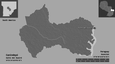 Canindeyu 'nun şekli, Paraguay Bölümü ve başkenti. Uzaklık ölçeği, ön gösterimler ve etiketler. Çift seviyeli yükseklik haritası. 3B görüntüleme
