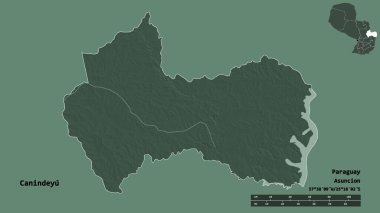 Canindeyu 'nun şekli, Paraguay departmanı, sermayesi sağlam arka planda izole edilmiş. Uzaklık ölçeği, bölge önizlemesi ve etiketleri. Renkli yükseklik haritası. 3B görüntüleme