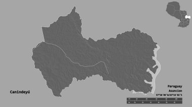Canindeyu 'nun şekli, Paraguay departmanı, sermayesi sağlam arka planda izole edilmiş. Uzaklık ölçeği, bölge önizlemesi ve etiketleri. Çift seviyeli yükseklik haritası. 3B görüntüleme