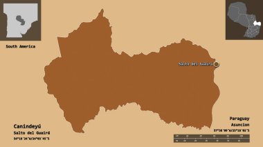 Canindeyu 'nun şekli, Paraguay Bölümü ve başkenti. Uzaklık ölçeği, ön gösterimler ve etiketler. Düzenli desenli dokuların bileşimi. 3B görüntüleme
