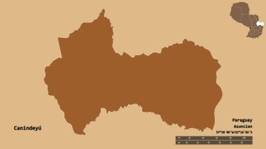 Canindeyu 'nun şekli, Paraguay departmanı, sermayesi sağlam arka planda izole edilmiş. Uzaklık ölçeği, bölge önizlemesi ve etiketleri. Düzenli desenli dokuların bileşimi. 3B görüntüleme