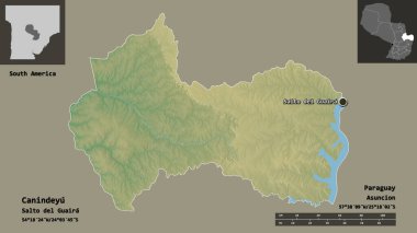Canindeyu 'nun şekli, Paraguay Bölümü ve başkenti. Uzaklık ölçeği, ön gösterimler ve etiketler. Topografik yardım haritası. 3B görüntüleme