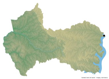 Paraguay 'ın başkenti Canindeyu' nun beyaz arka planda izole edilmiş hali. Topografik yardım haritası. 3B görüntüleme