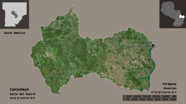 Canindeyu 'nun şekli, Paraguay Bölümü ve başkenti. Uzaklık ölçeği, ön gösterimler ve etiketler. Uydu görüntüleri. 3B görüntüleme