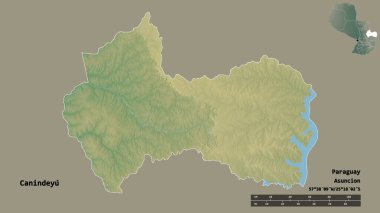 Canindeyu 'nun şekli, Paraguay departmanı, sermayesi sağlam arka planda izole edilmiş. Uzaklık ölçeği, bölge önizlemesi ve etiketleri. Topografik yardım haritası. 3B görüntüleme