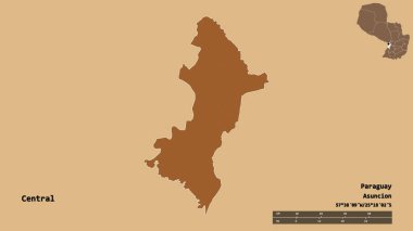 Merkezin şekli, Paraguay departmanı, sermayesi sağlam arka planda izole edilmiş. Uzaklık ölçeği, bölge önizlemesi ve etiketleri. Düzenli desenli dokuların bileşimi. 3B görüntüleme