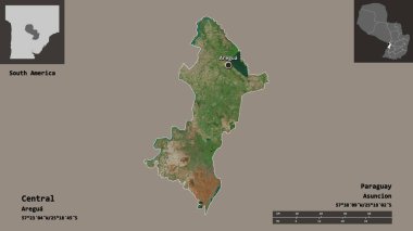 Merkez, Paraguay Bölümü ve başkenti. Uzaklık ölçeği, ön gösterimler ve etiketler. Uydu görüntüleri. 3B görüntüleme