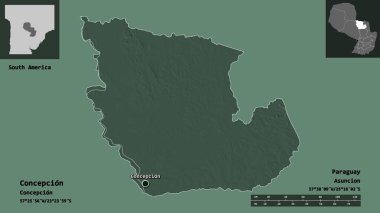 Concepcion 'un şekli, Paraguay Bölümü ve başkenti. Uzaklık ölçeği, ön gösterimler ve etiketler. Renkli yükseklik haritası. 3B görüntüleme