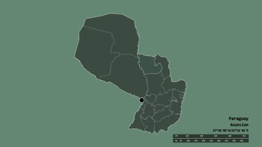 Başkenti, ana bölgesel bölümü ve ayrılmış Concepcion bölgesiyle Paraguay 'ın dejenere edilmiş şekli. Etiketler. Renkli yükseklik haritası. 3B görüntüleme